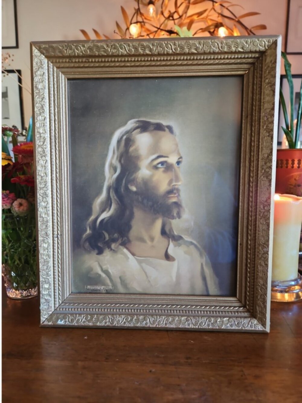 Vintage 1941 Framed Jesus Lithograph Print Kriebel Bates Warner Sallman 12 x 10"
